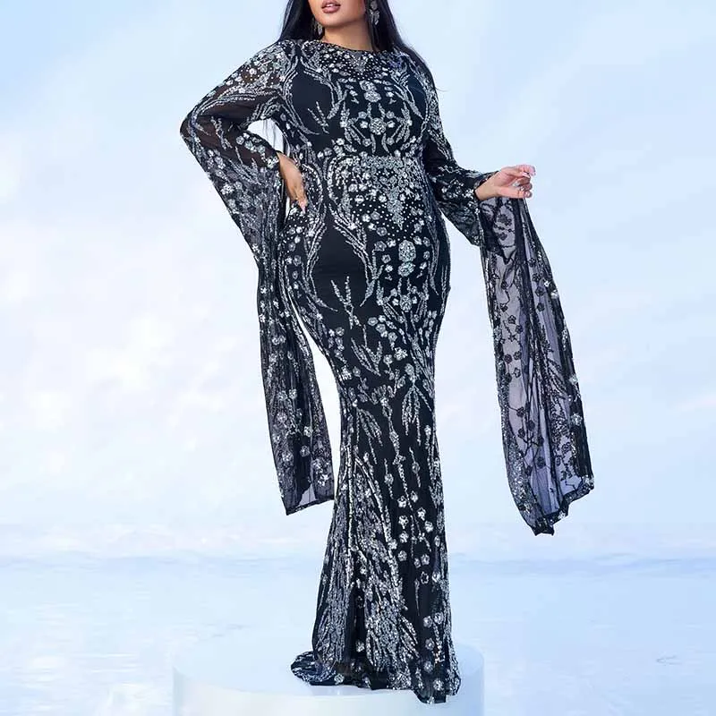 Extra Long Sleeves Mermaid Sequin Prom Dress Ball Gowns Plus Size