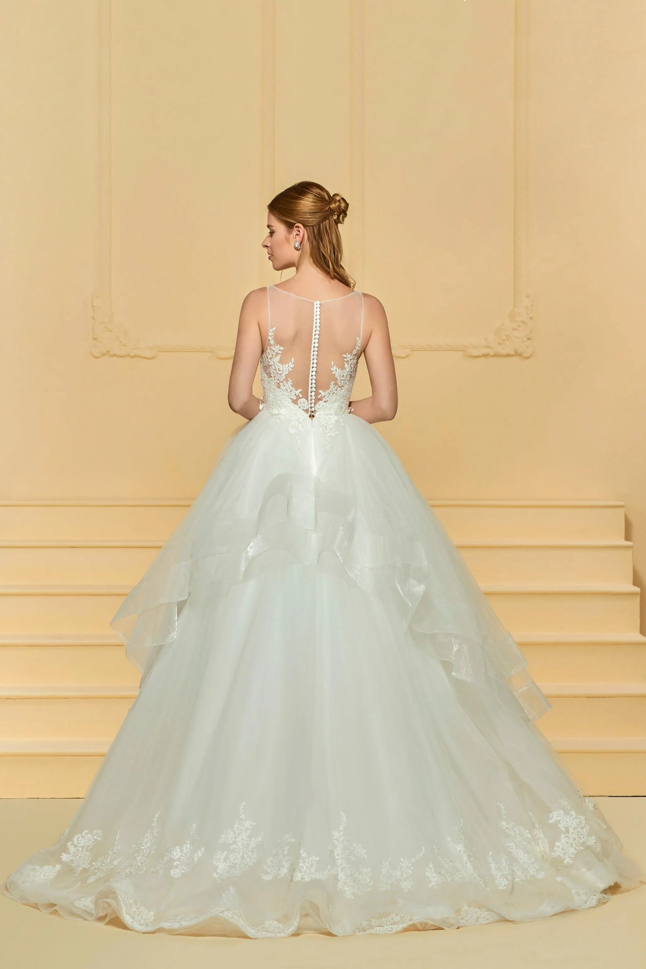 Fancy Sleeveless Ball Gown Wedding Dress With Ruflles And Illusion Back-715802