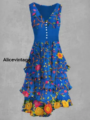 Floral Art Print Sleeveless V-Neck Button Up Retro Dress