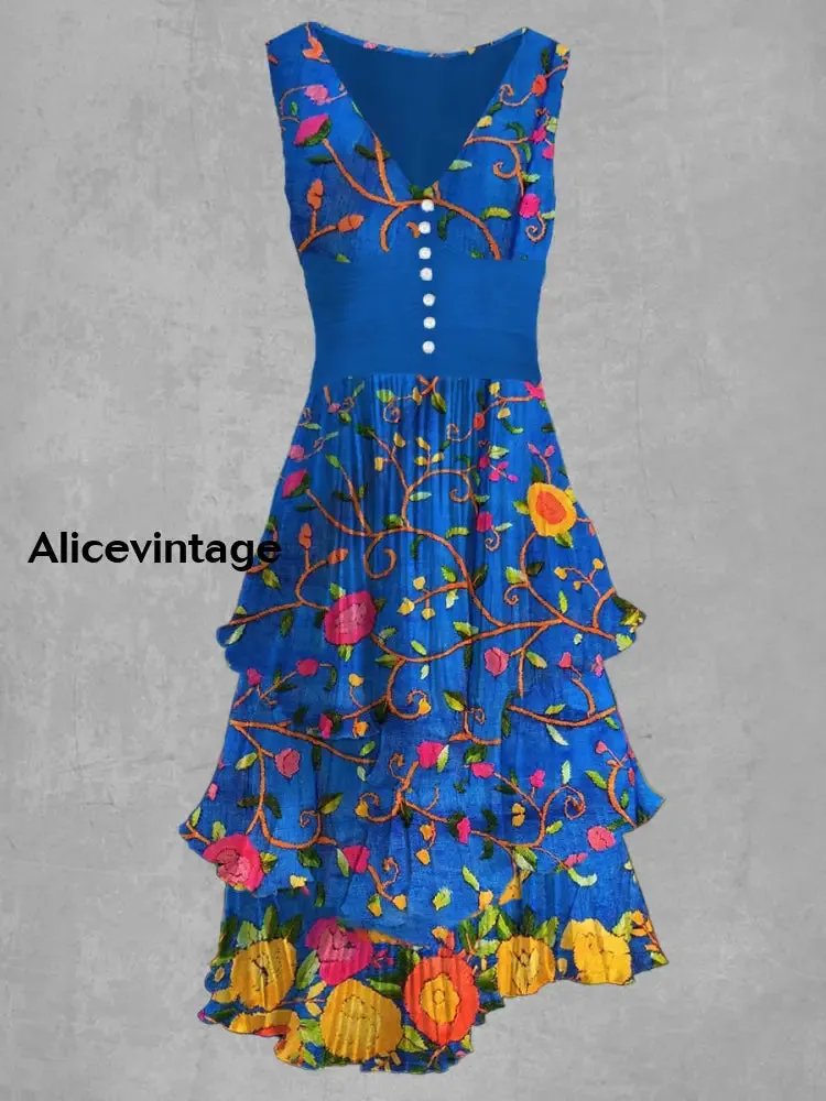 Floral Art Print Sleeveless V-Neck Button Up Retro Dress