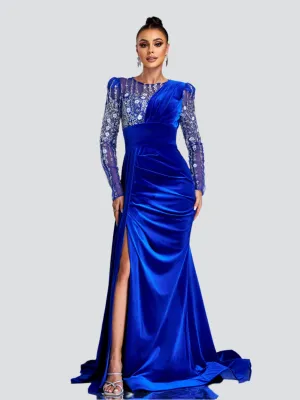 Floral Beaded Pleated Floor Length Velvet Gown DH80182