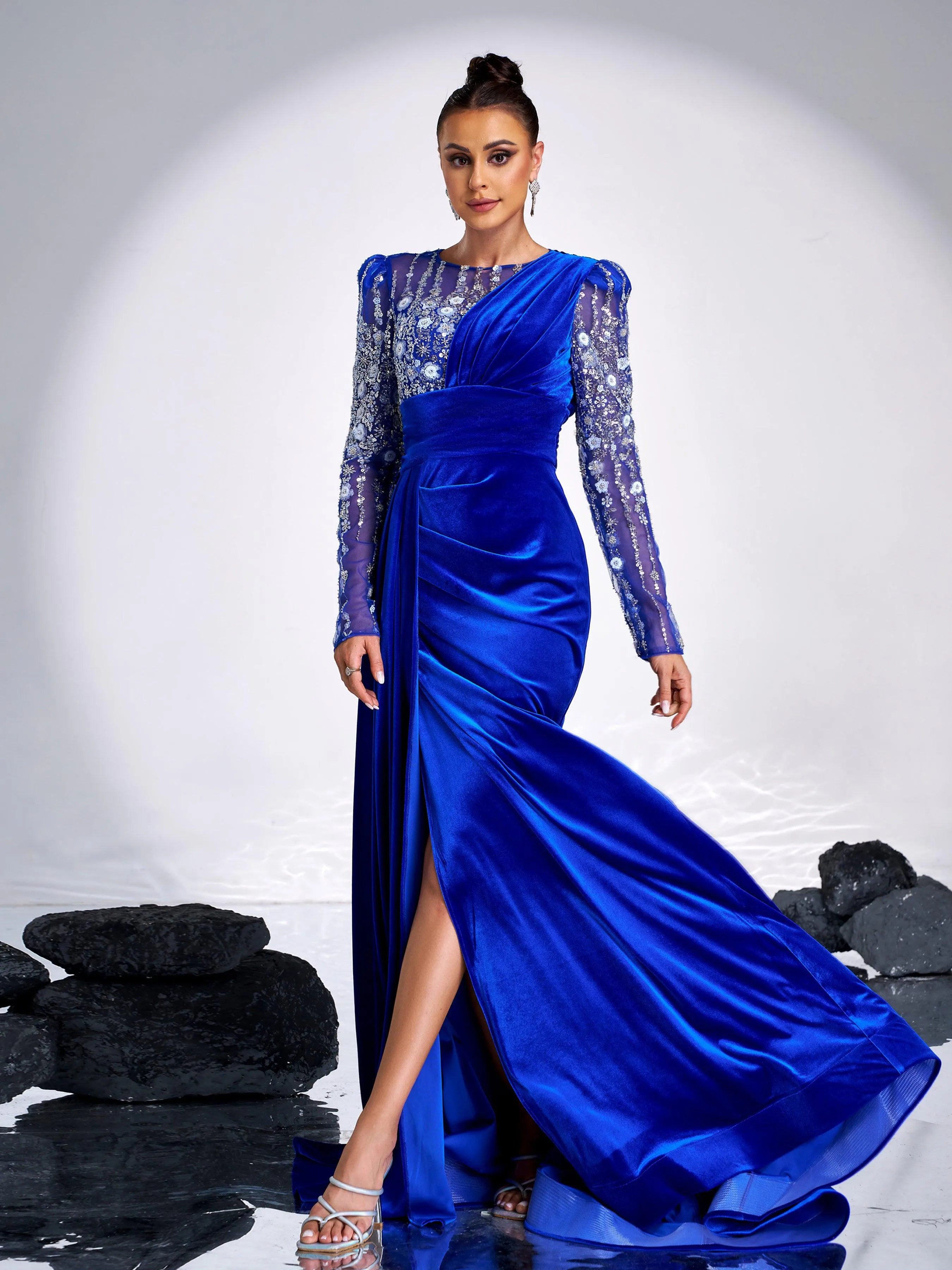 Floral Beaded Pleated Floor Length Velvet Gown DH80182