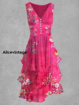 Floral Print Sleeveless V-Neck Button Up Retro Dress