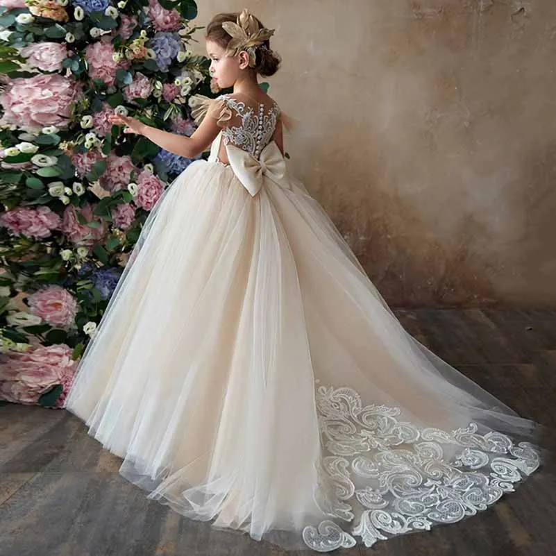 Flower Girls Dress For Wedding Tulle Ball Gown with Flutter Sleeves and a Lace Back