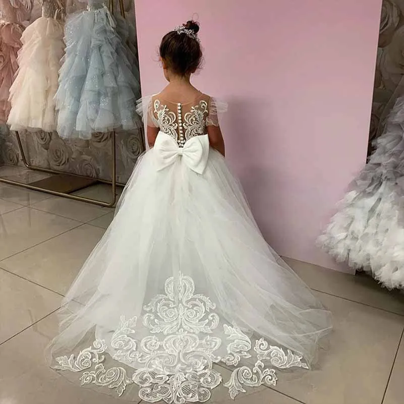 Flower Girls Dress For Wedding Tulle Ball Gown with Flutter Sleeves and a Lace Back