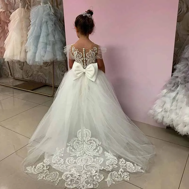 Flower Girls Dress For Wedding Tulle Ball Gown with Flutter Sleeves and a Lace Back