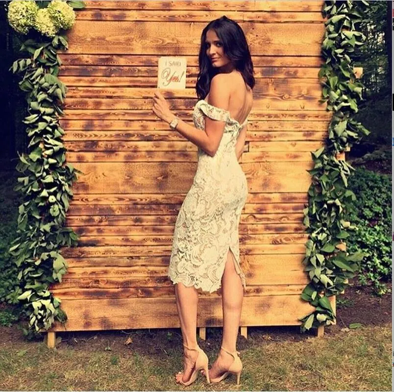 Full Lace Cheap  Mermaid Sexy Off Shoulder Short Ivory Lace Bridesmaid Dress with Slit , WG283
