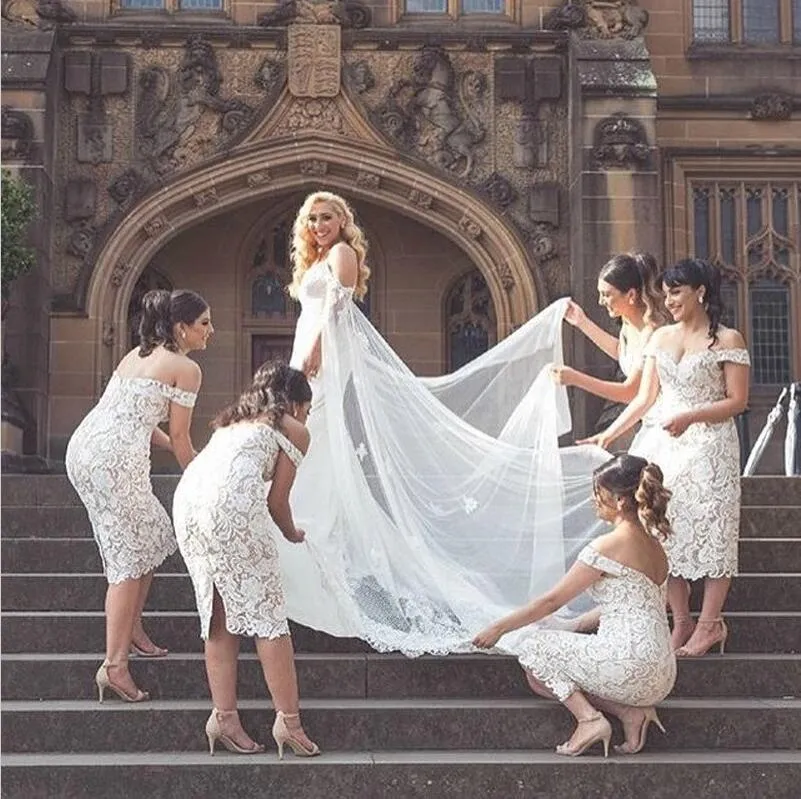 Full Lace Cheap  Mermaid Sexy Off Shoulder Short Ivory Lace Bridesmaid Dress with Slit , WG283
