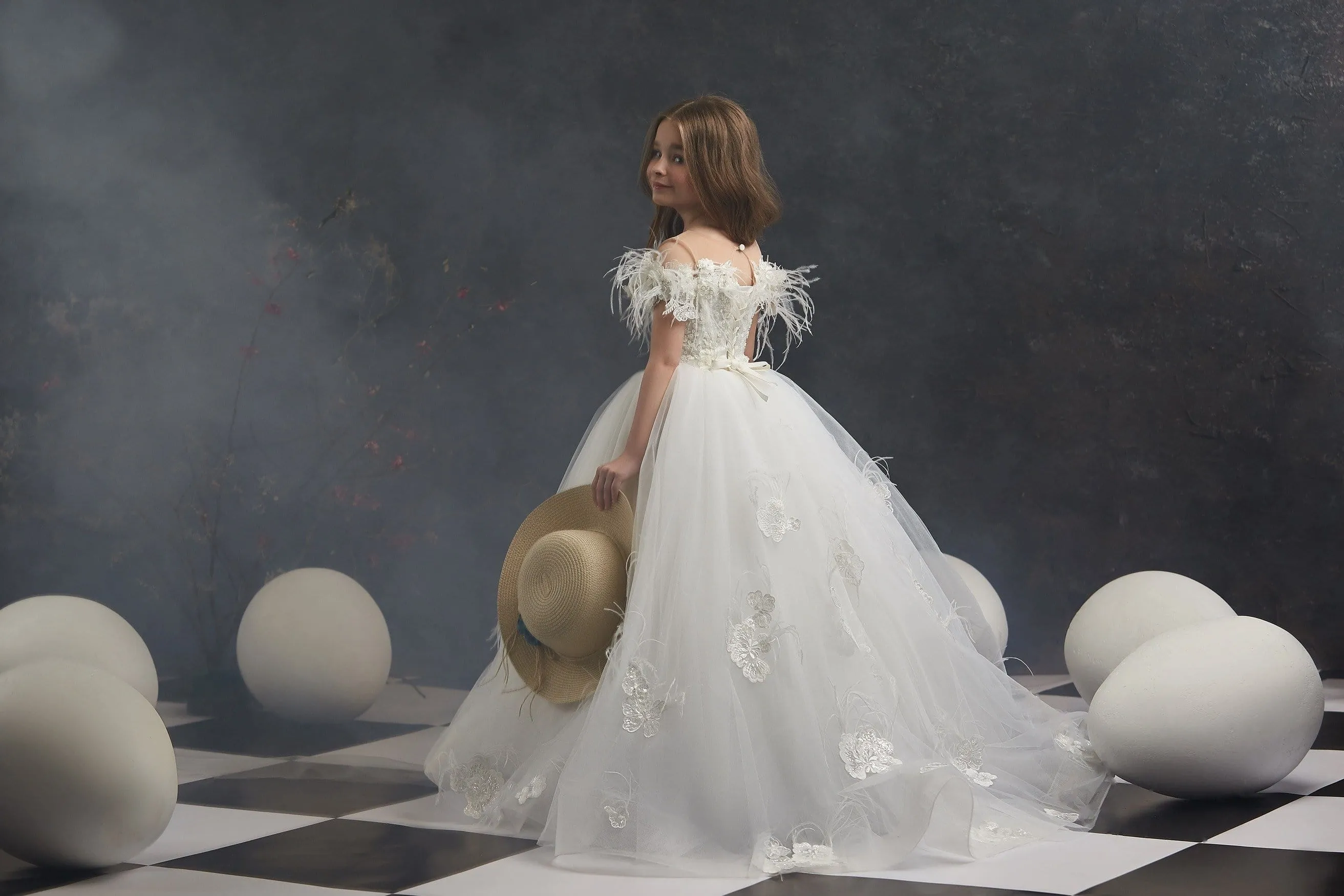 Girls Off Shoulder Flower Girl Dress with Feathers