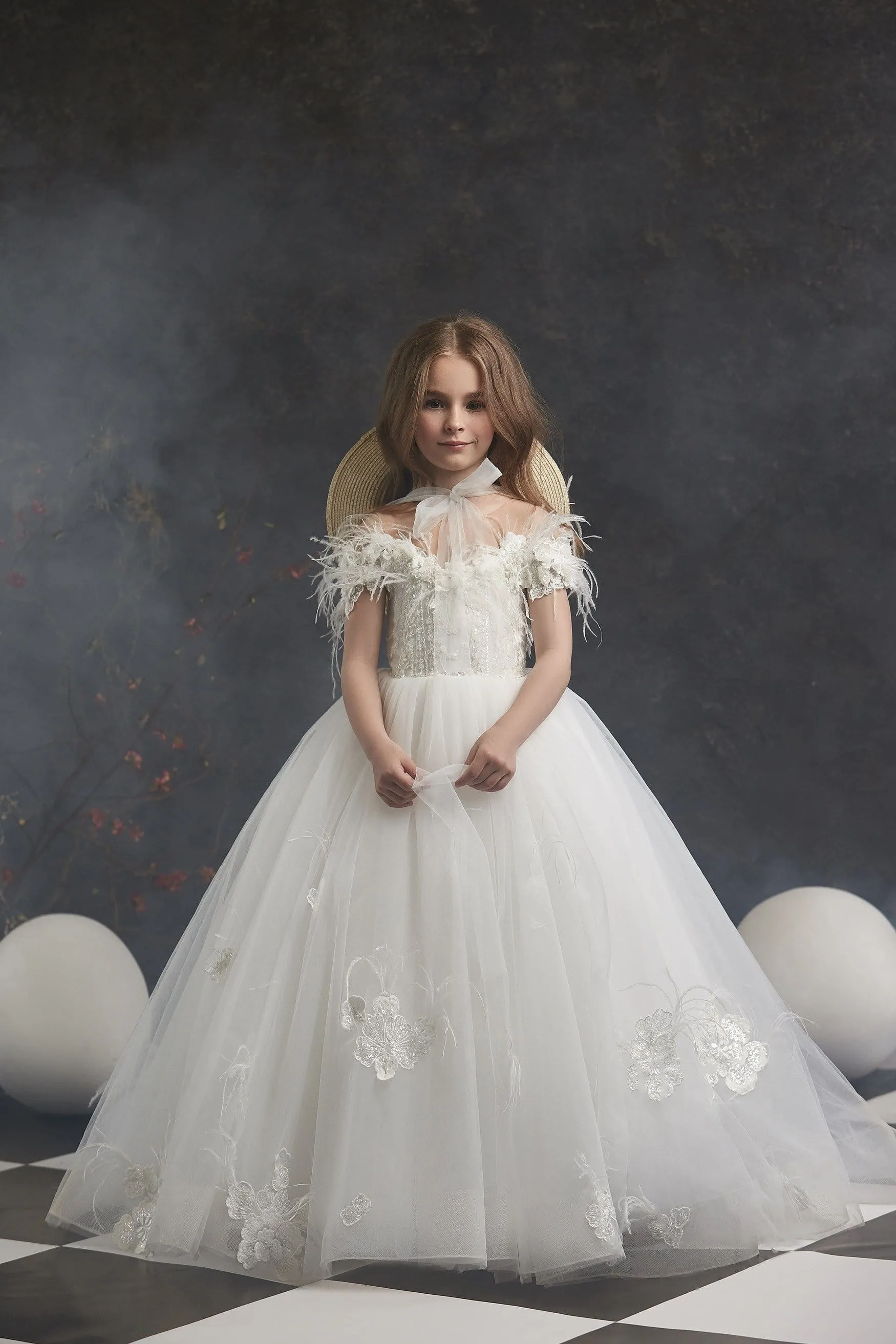 Girls Off Shoulder Flower Girl Dress with Feathers