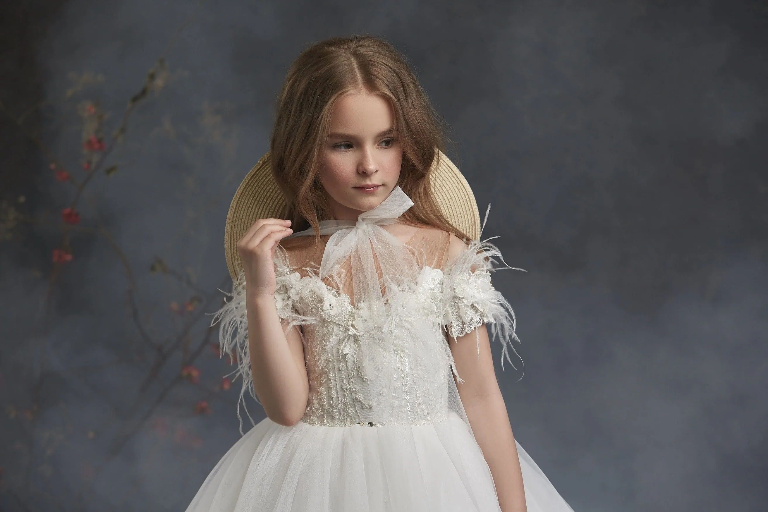 Girls Off Shoulder Flower Girl Dress with Feathers