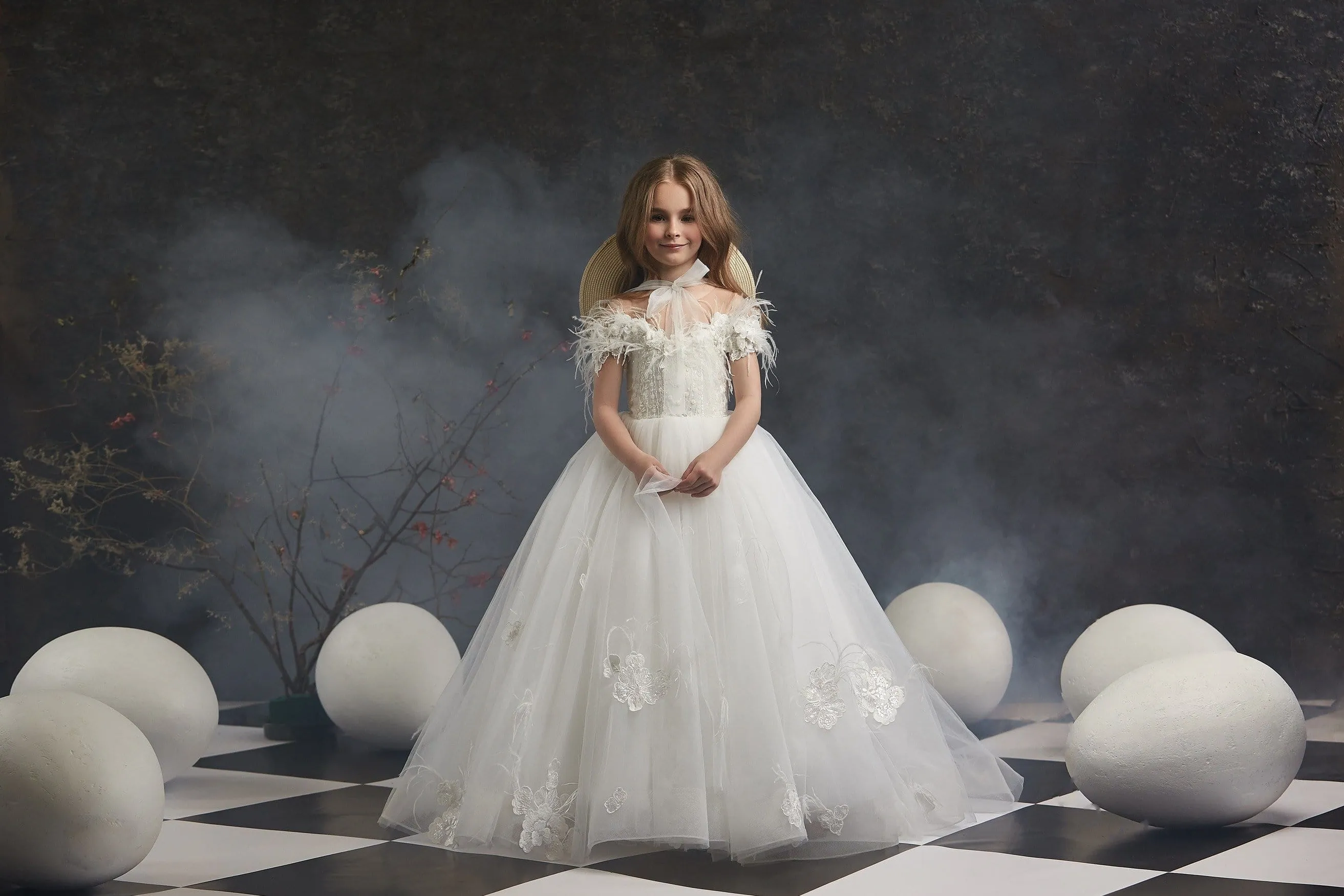 Girls Off Shoulder Flower Girl Dress with Feathers