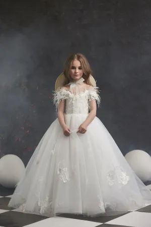 Girls Off Shoulder Flower Girl Dress with Feathers