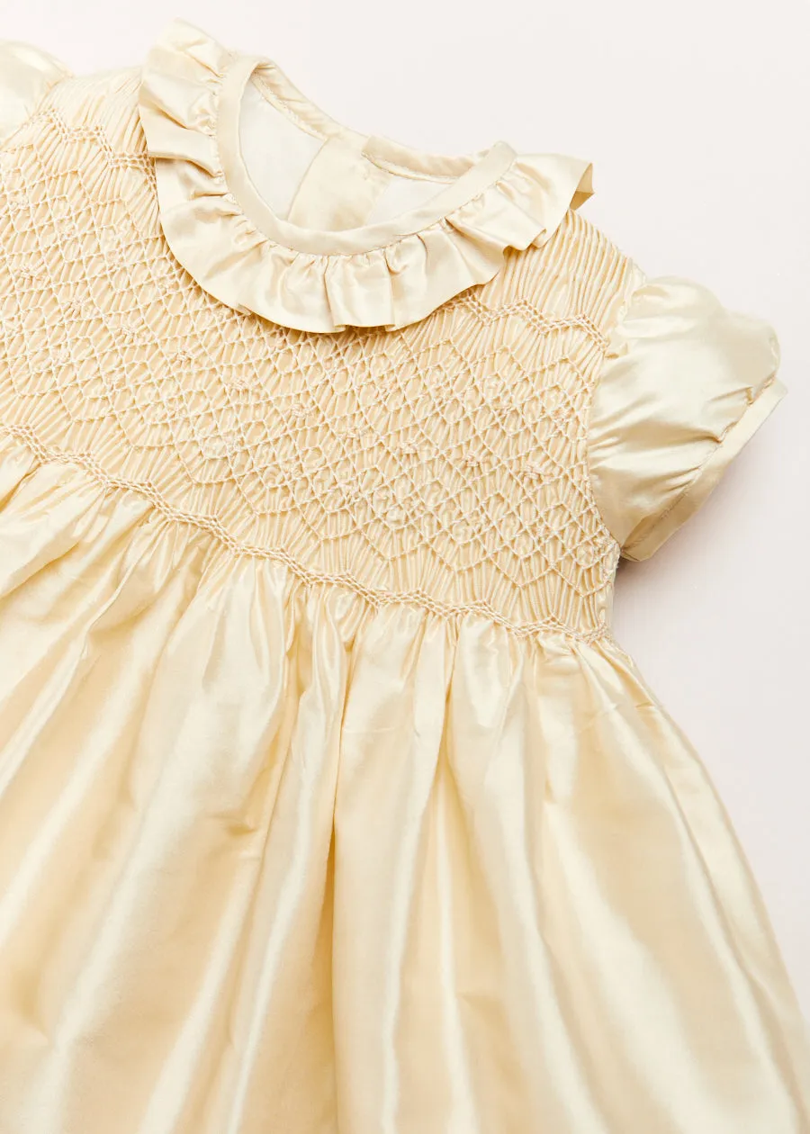 Girls Silk Hand Smocked Celebration Dress in Champagne (12mths-10yrs)