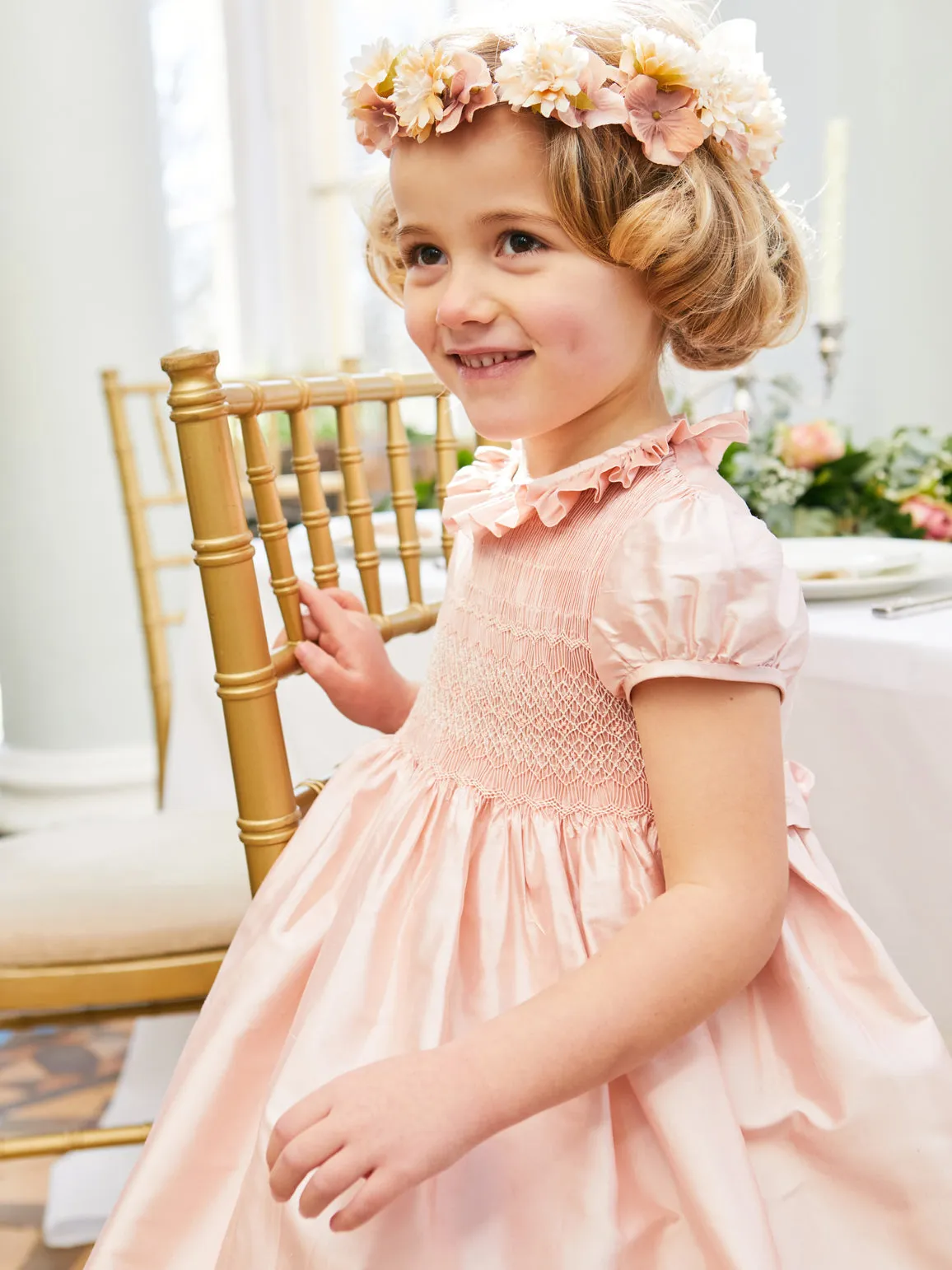 Girls Silk Hand Smocked Celebration Dress in Pink (12mths-10yrs)