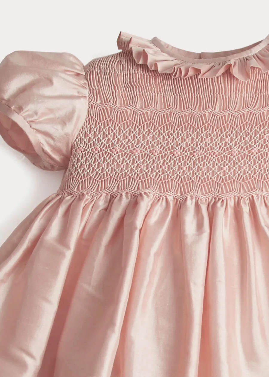 Girls Silk Hand Smocked Celebration Dress in Pink (12mths-10yrs)