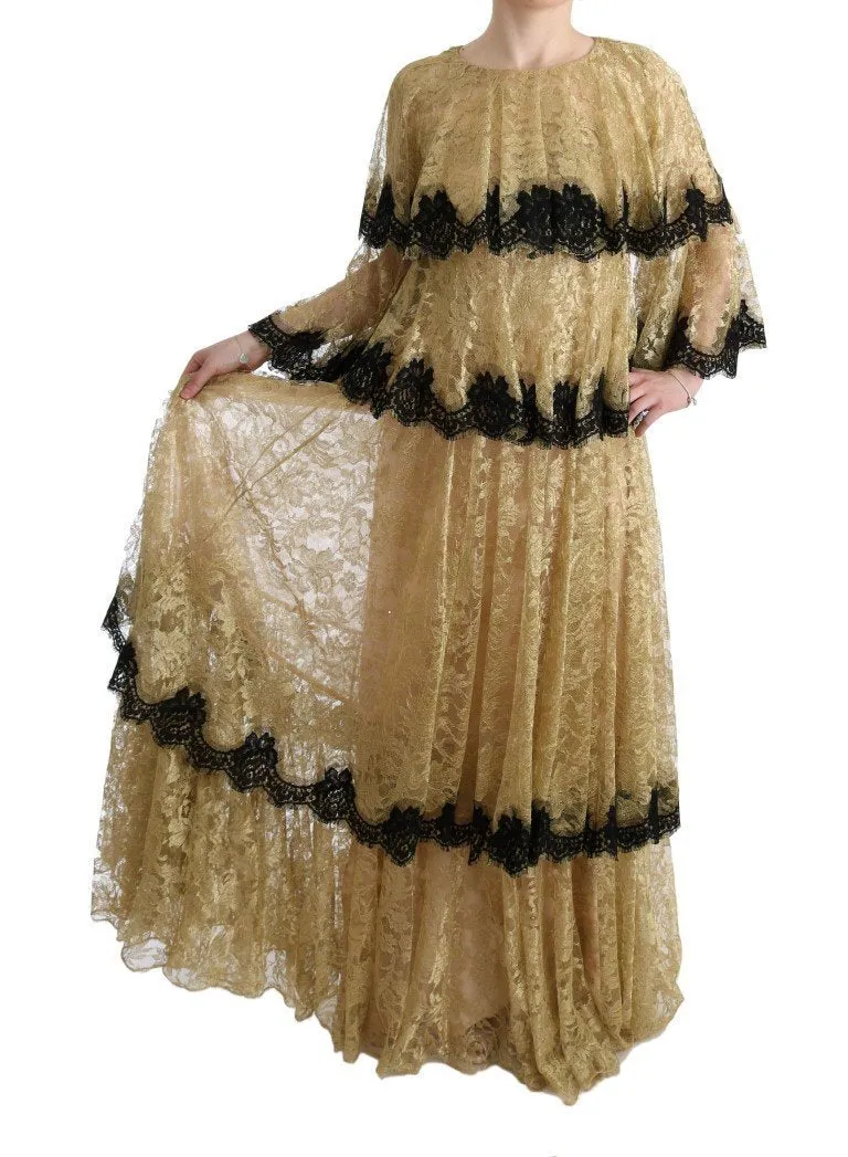 Gold Black Floral Lace Gown Dress