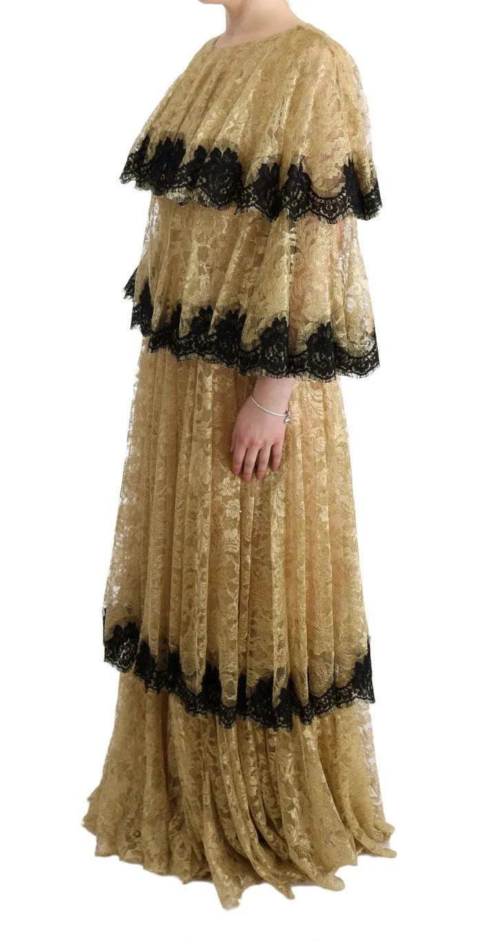Gold Black Floral Lace Gown Dress