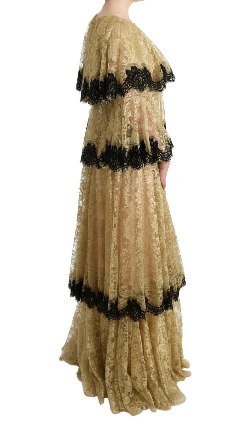Gold Black Floral Lace Gown Dress