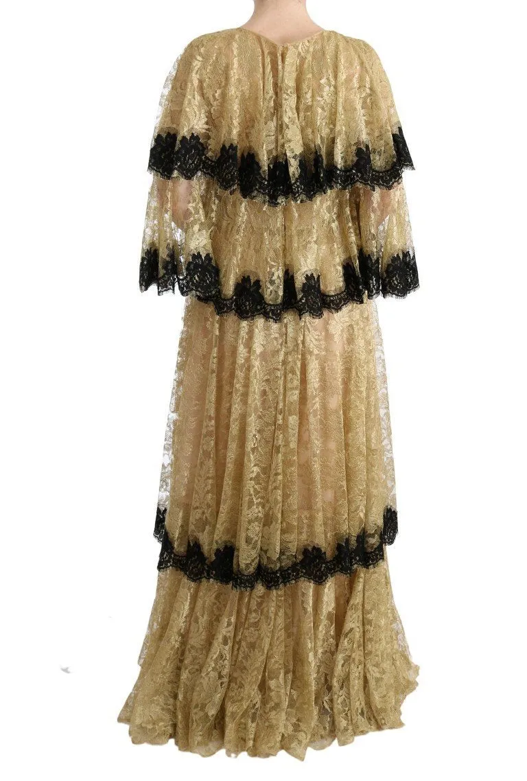 Gold Black Floral Lace Gown Dress