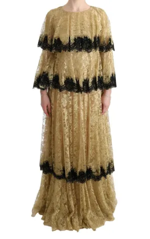 Gold Black Floral Lace Gown Dress