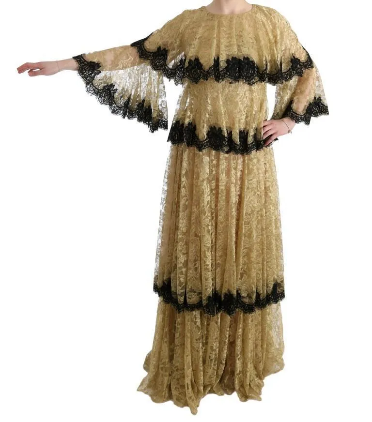 Gold Black Floral Lace Gown Dress