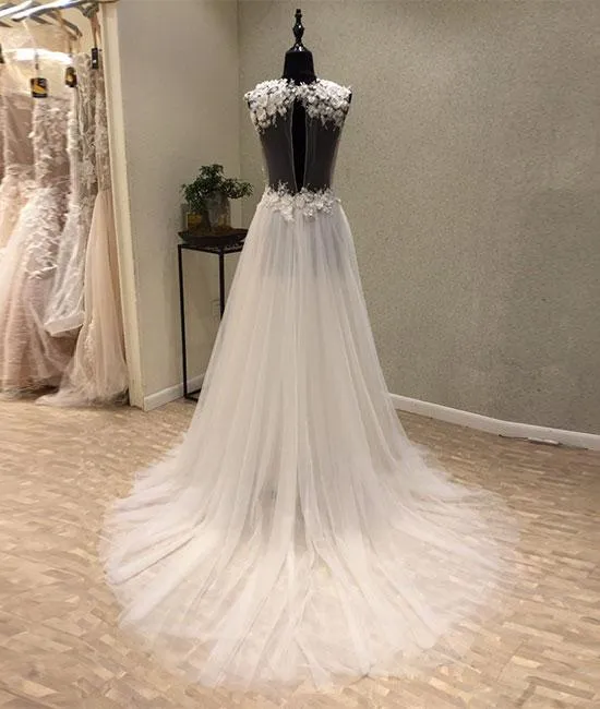 Goregous V-Neck A Line Brush Train Tulle Wedding Dress With Appliques