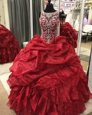 Gorgeous Burgundy Quinceanera Dresses Beaded Rhinestones Shiny Puffy Ruffles Ball Gown Sweet 16 Dress vestidos de quinceañera