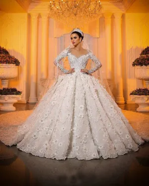 Gorgeous Lace Wedding Dress Floral Appliques Sheer Lace Sleeve Ball Gowns Tulle Skirt Bridal Dress with Flowers