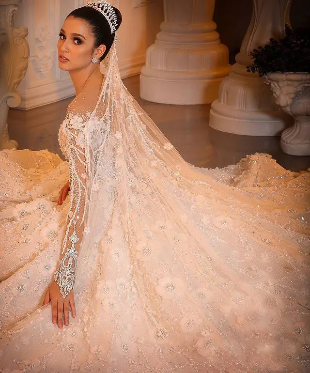 Gorgeous Lace Wedding Dress Floral Appliques Sheer Lace Sleeve Ball Gowns Tulle Skirt Bridal Dress with Flowers