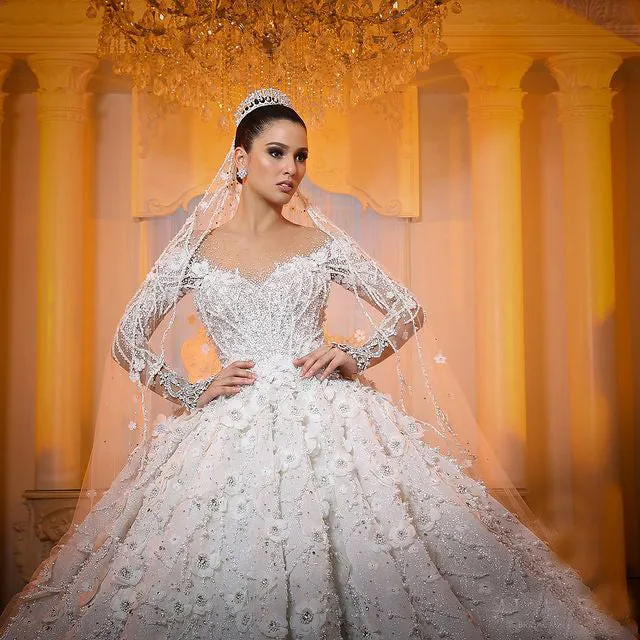 Gorgeous Lace Wedding Dress Floral Appliques Sheer Lace Sleeve Ball Gowns Tulle Skirt Bridal Dress with Flowers