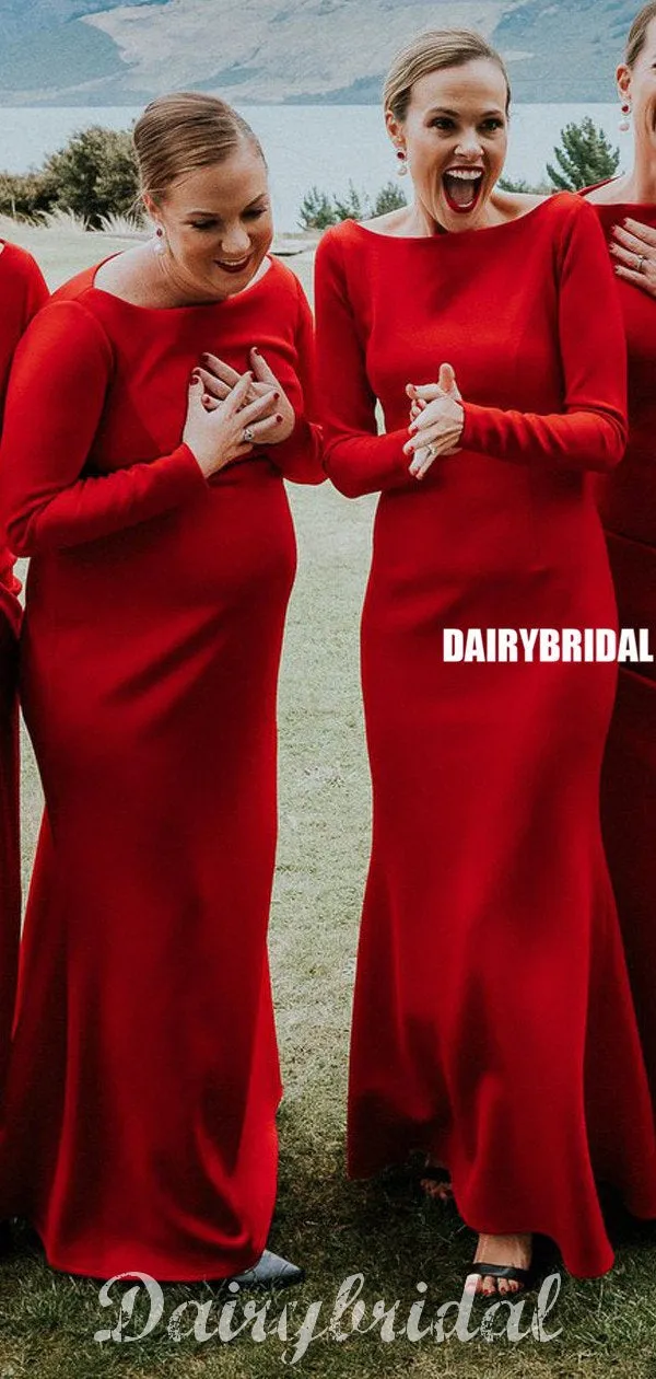 Gorgeous Long Sleeve Mermaid Red Long Bridesmaid Dress, FC4699