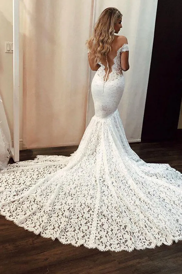 Gorgeous Mermaid Off Shoulder V-neck Court Train Lace Wedding Dresses, MW779