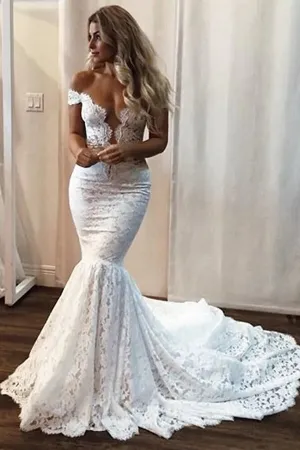 Gorgeous Mermaid Off Shoulder V-neck Court Train Lace Wedding Dresses, MW779