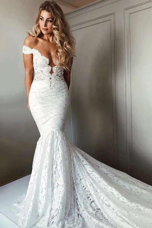 Gorgeous Mermaid Off Shoulder V-neck Court Train Lace Wedding Dresses, MW779