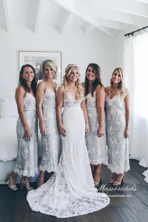 Graceful Mermaid V-neck Lace Wedding Dresses With Sweep Train, MW936