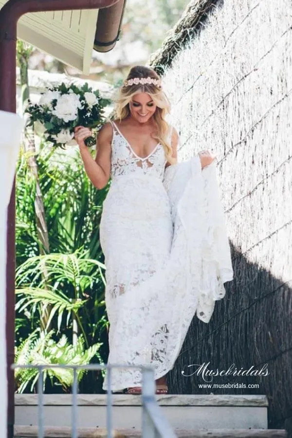 Graceful Mermaid V-neck Lace Wedding Dresses With Sweep Train, MW936