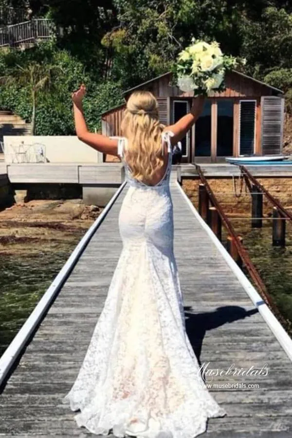 Graceful Mermaid V-neck Lace Wedding Dresses With Sweep Train, MW936