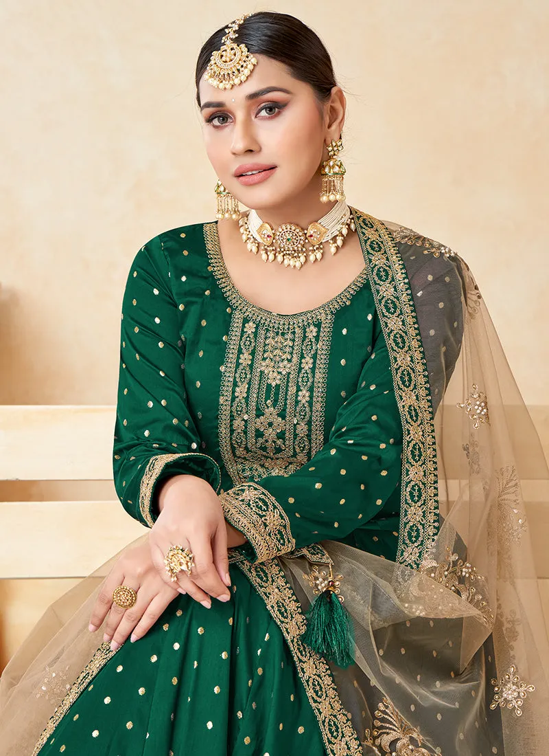 Green Embroidery Festive Silk Anarkali Suit