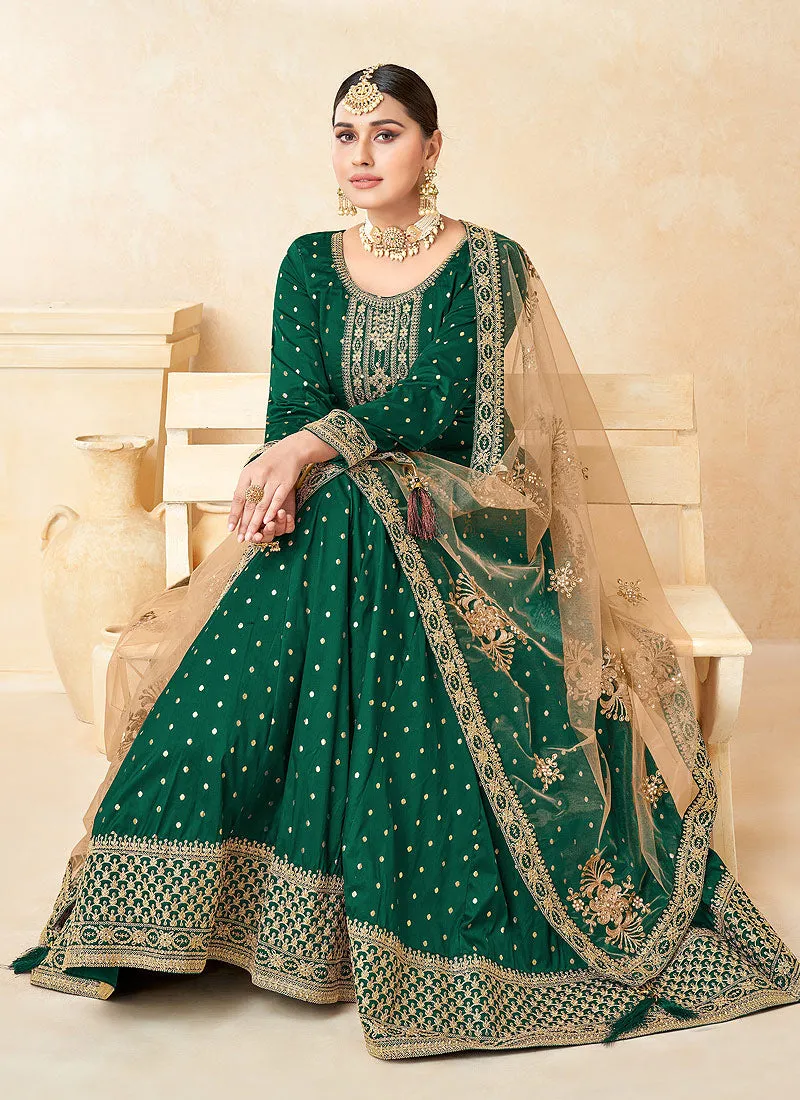 Green Embroidery Festive Silk Anarkali Suit