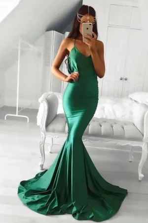 Green Mermaid Elastic Satin V-neck Backless Prom Dresses, Party Dress, MP916