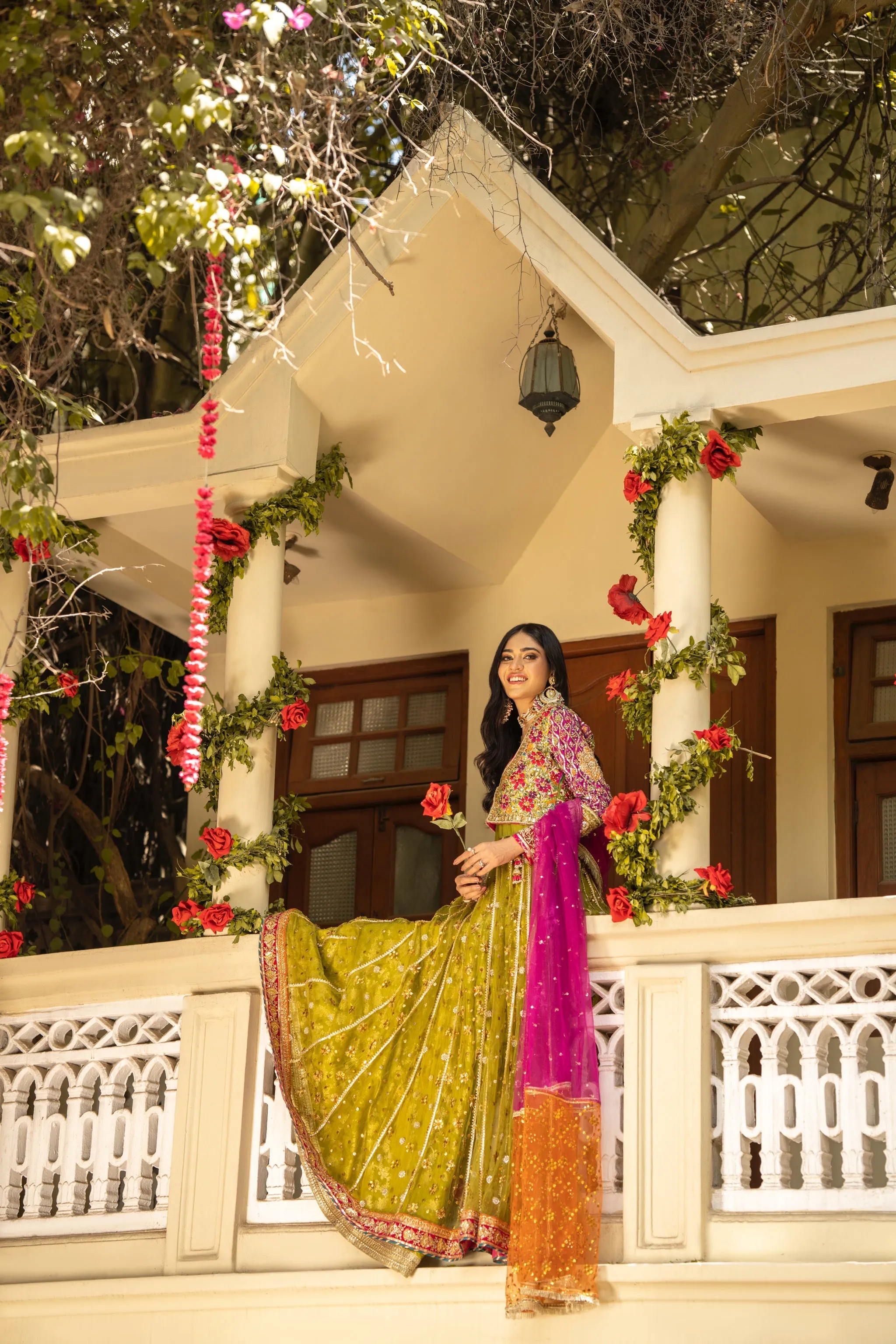 Green Pishwas Frock Pakistani Bridal Dress for Mehndi
