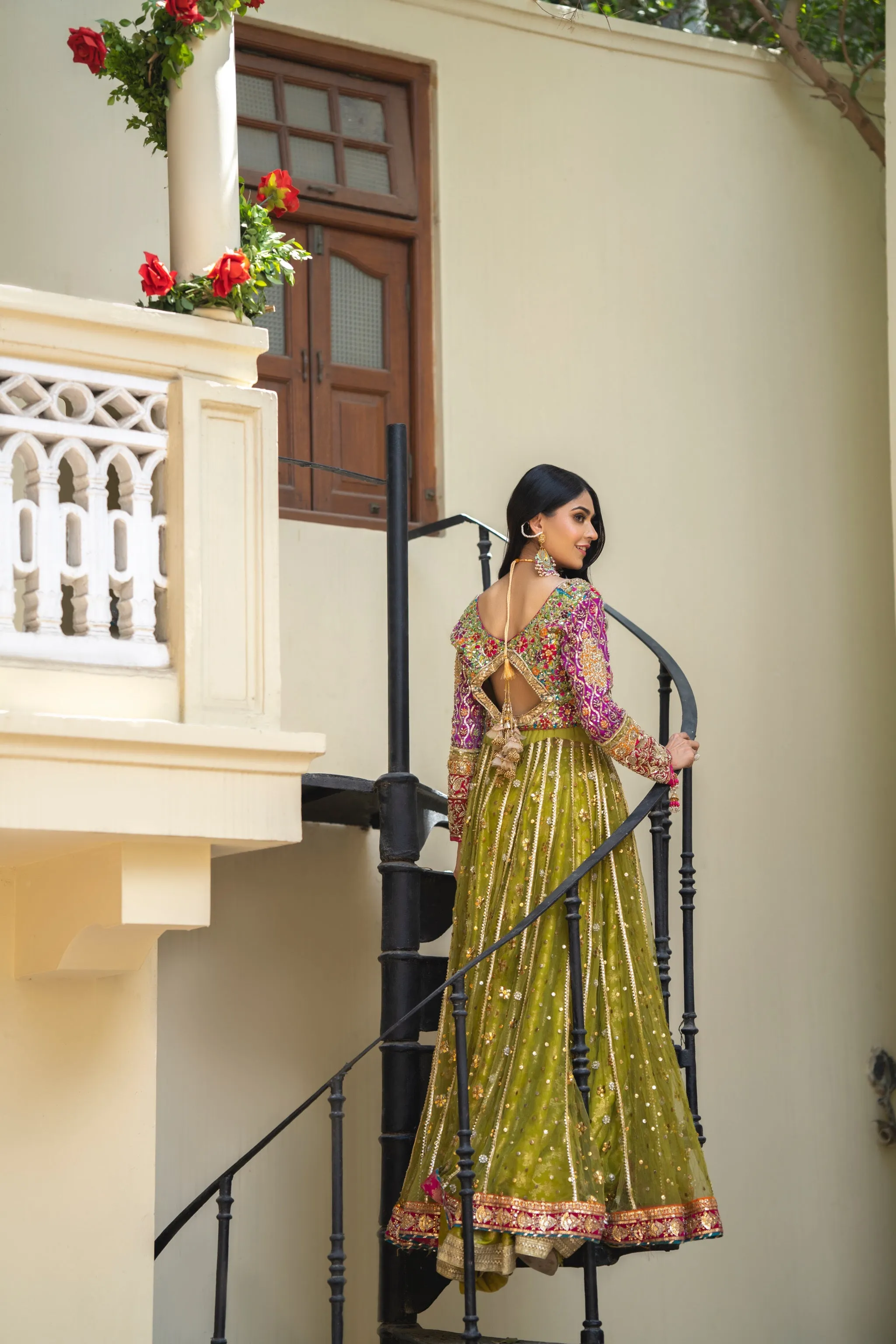 Green Pishwas Frock Pakistani Bridal Dress for Mehndi