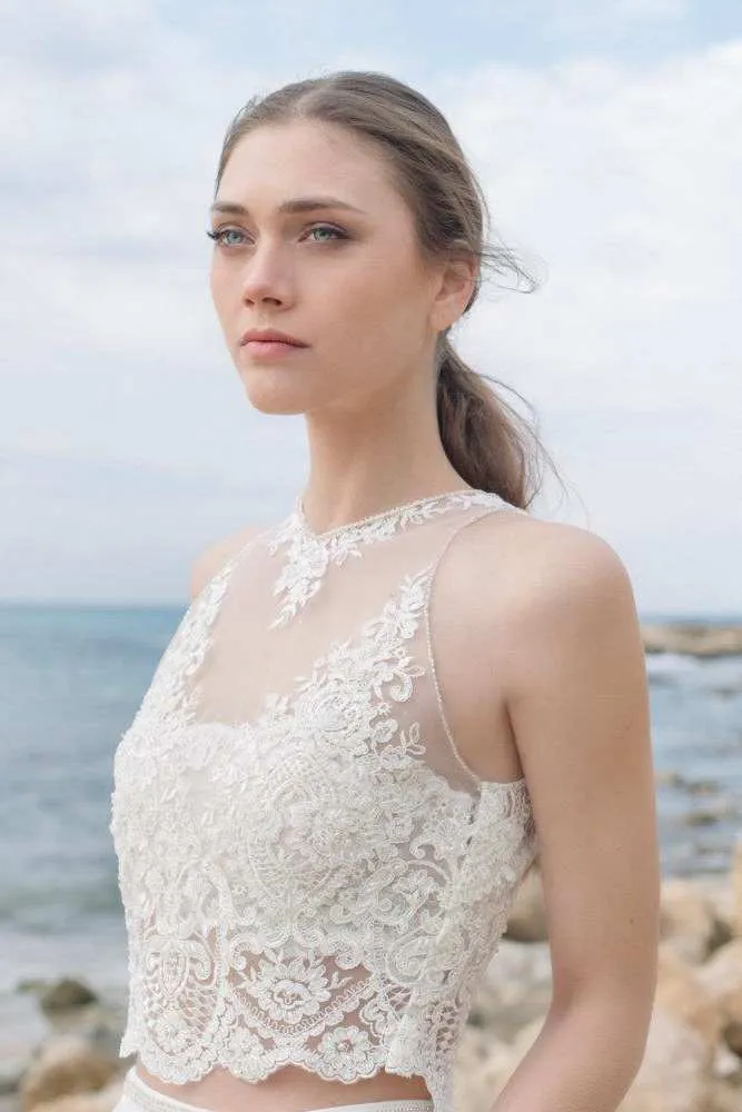 Halter Chiffon Satin Lace Wedding Dress-715054