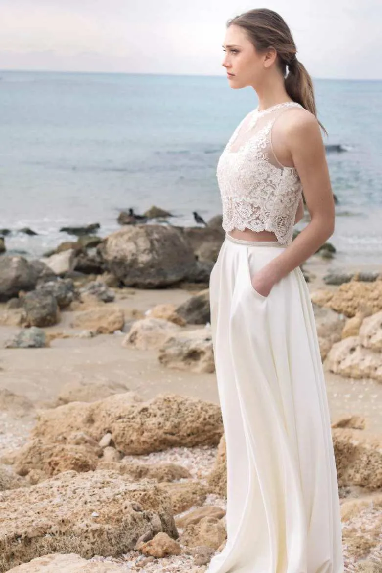 Halter Chiffon Satin Lace Wedding Dress-715054