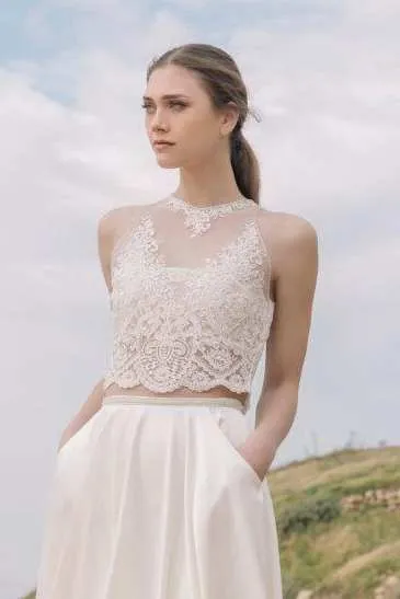 Halter Chiffon Satin Lace Wedding Dress-715054