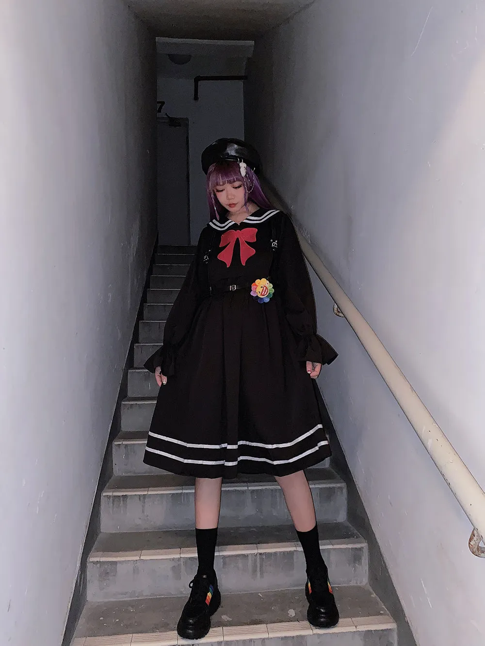 Harajuku navy bow dress yc22531
