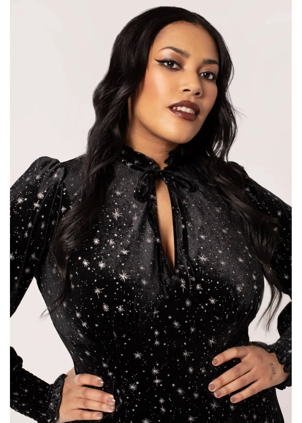 Hell Bunny Vela Stars Velvet 60's A-Line Dress Black