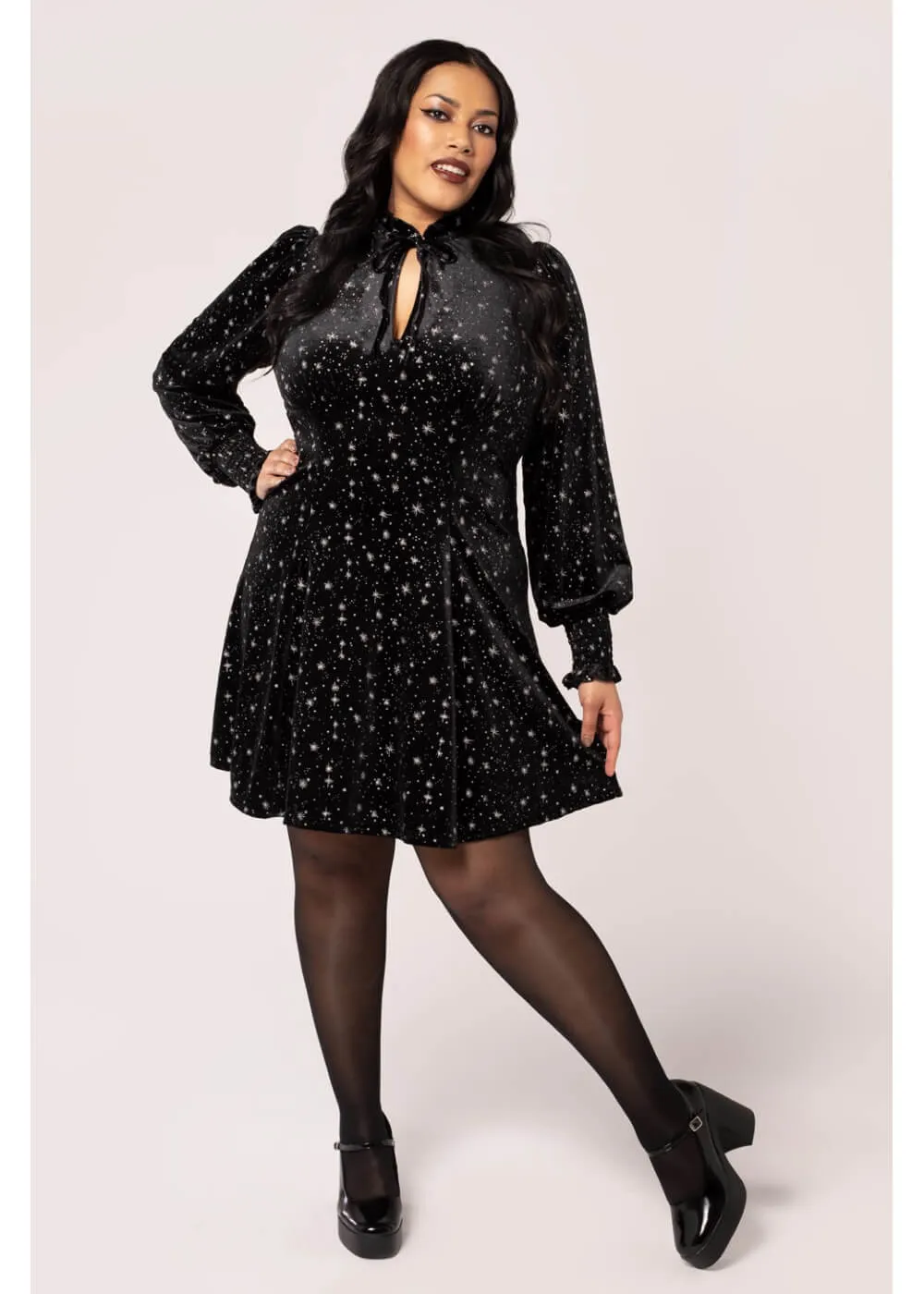 Hell Bunny Vela Stars Velvet 60's A-Line Dress Black