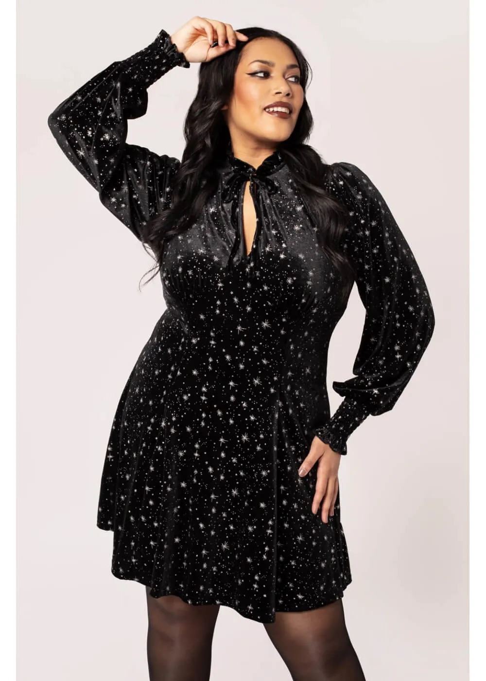 Hell Bunny Vela Stars Velvet 60's A-Line Dress Black